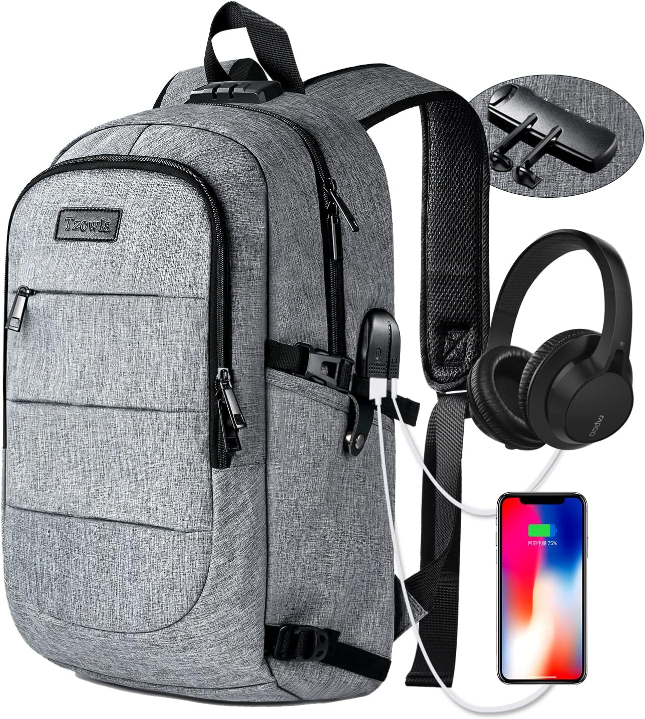 Tzowla Anti-Theft Water Resistant 17.3 Inch Laptop Backpack with USB Charging Port and Lock, Black