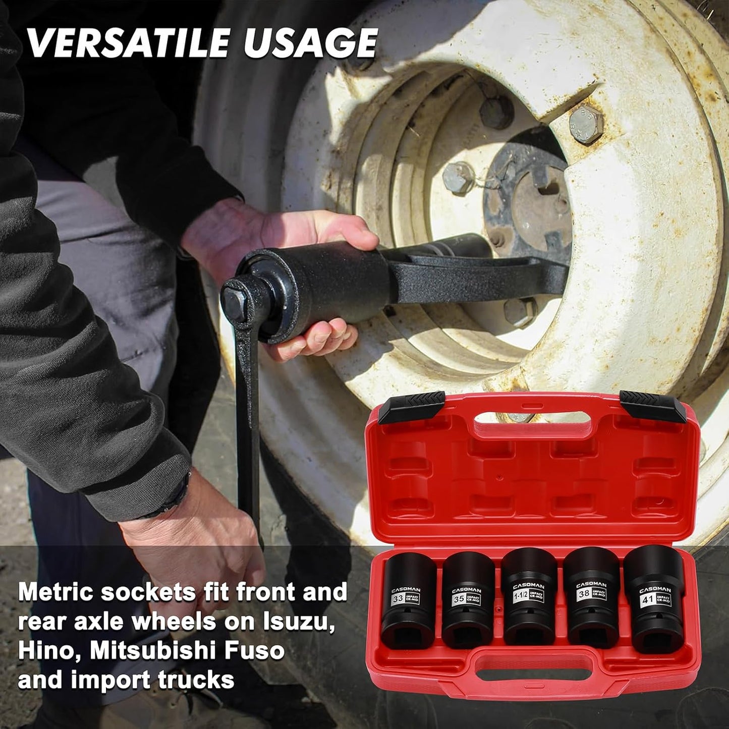 CASOMAN 1-Inch Drive Budd Socket Set, 33mm,35mm,38mm,1-1/2",41mm, Metric & SAE, CR-MO