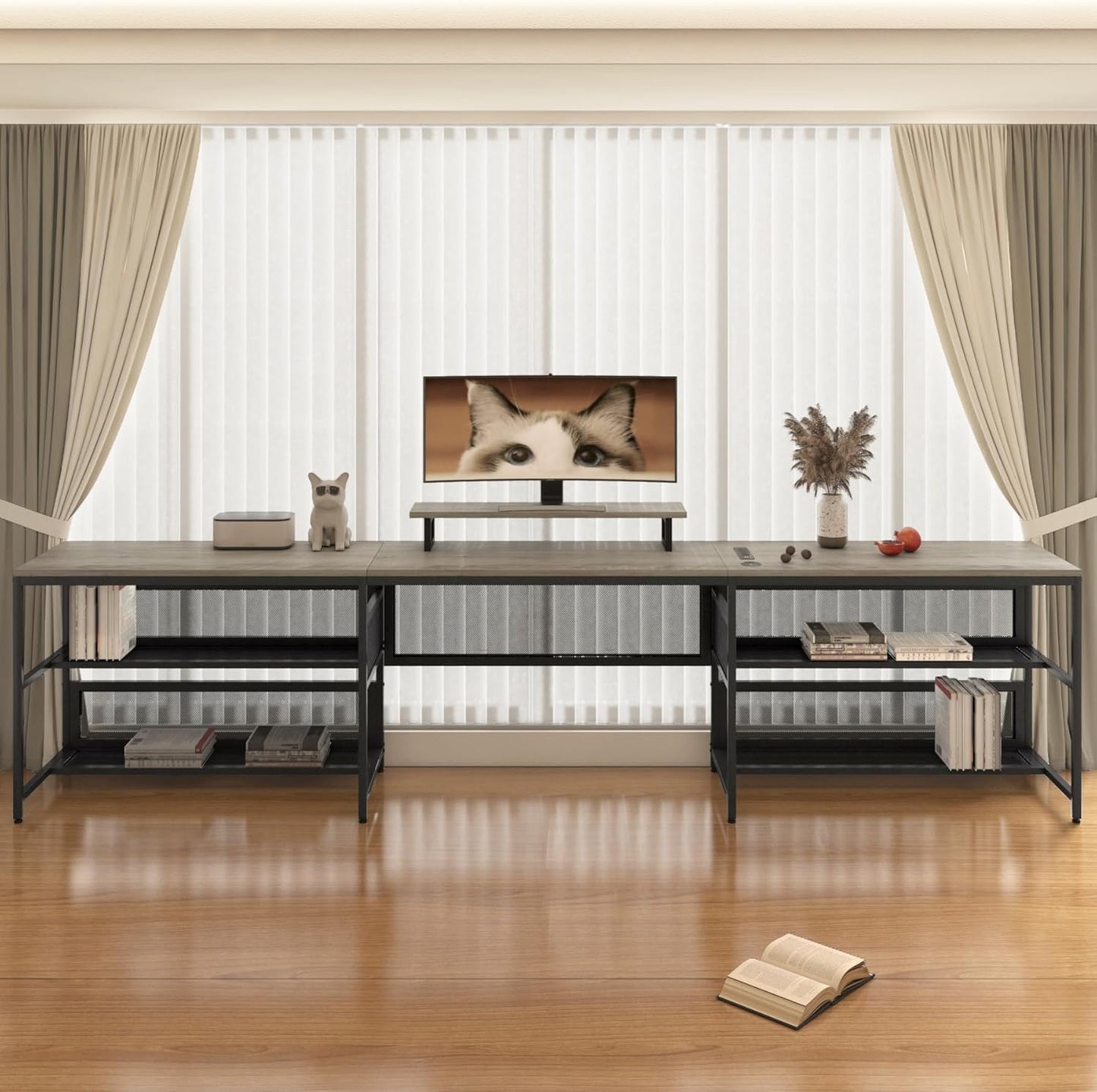 U Shaped Desk with Shelve & LED Lights, 82" Reversible L Shaped Desk with Drawers, 2 Person Corner Computer Desk Home Office Desk Gaming Table with Monitor Stand & Storage Shelves(Gray)