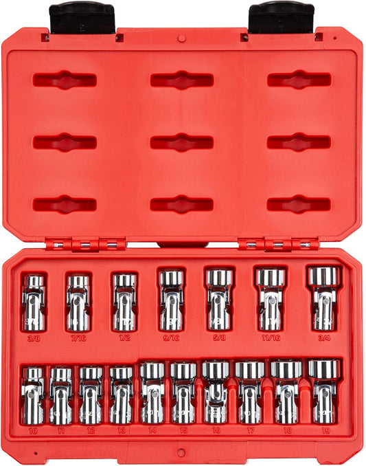 TEKTON 3/8 Inch Drive 6-Point Universal Joint Socket Set with Case, 17-Piece (3/8-3/4 in., 10-19 mm) | SHD91301