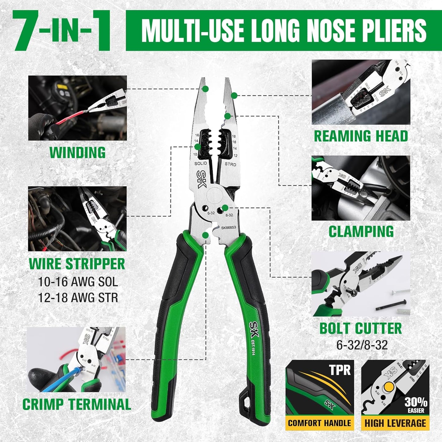 SK 3-Piece Pliers Set, 8-Inch Multi-use Noodle Nose Pliers, 7-Inch Multi-use Diagonal Pliers and 8-Inch Multi-use Linesman Pliers, CR-V Construction, Anti-slip Handle, with EVA Foam Tool Organizer