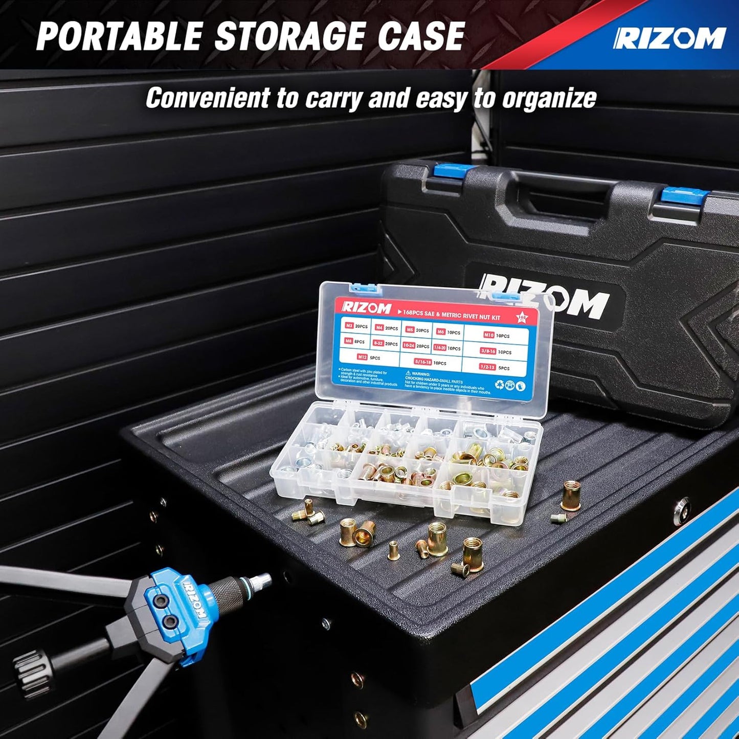 Rizom Rivet Nut Tool, 16” Rivnut Tool Kit with 13 Metric and SAE Mandrels, Threaded Nutsert Tool, 168PCS Rivet Nut Assortment Kit in Organized Carrying Case