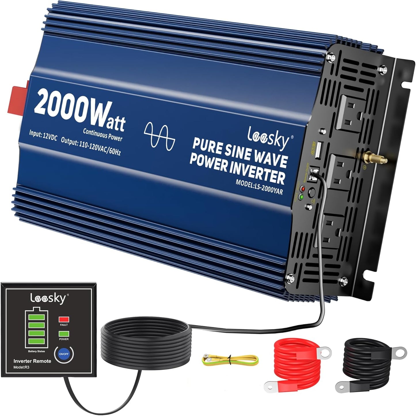 2000 Watt Pure Sine Wave Inverter, 12V DC to 120V AC Converter for RV Truck Off-Grid Solar Home Power Inverter with 3 AC Outlet, 5V 2.4A USB, Remote Control Compatible with Lithium Battery by LEESKY