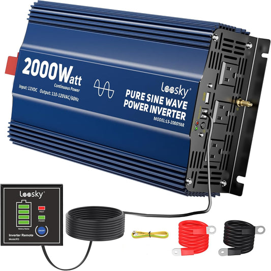 2000 Watt Pure Sine Wave Inverter, 12V DC to 120V AC Converter for RV Truck Off-Grid Solar Home Power Inverter with 3 AC Outlet, 5V 2.4A USB, Remote Control Compatible with Lithium Battery by LEESKY