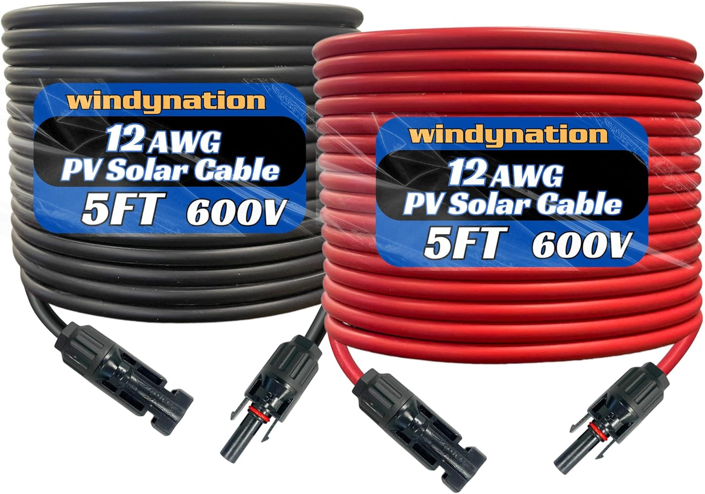 WindyNation 10 Gauge 10 AWG Pair 50 Feet Black + 50 Feet Red PV Photovoltaic Solar Panel Extension Cable Wire Solar Connectors