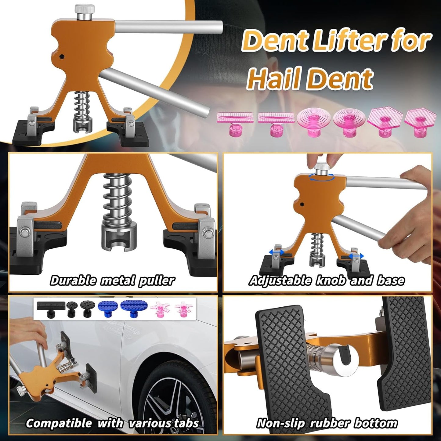 161Pcs Car Dent Puller Kit, Body Repair Tools Paintless Dent Removal Tool with Adjustable Dent Lifter & Bridge Puller, Hail Damage Repair Kit for Car Refrigerator Door Ding - Gold