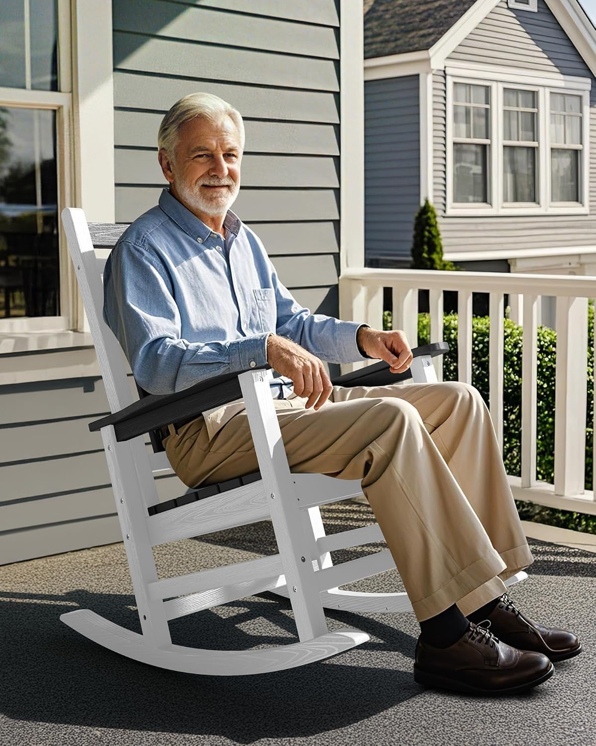 SERWALL Oversized Outdoor Rocking Chair Set of 4, HDPE Rocker for Adults, Patio Rocking Chairs for Porch, Black