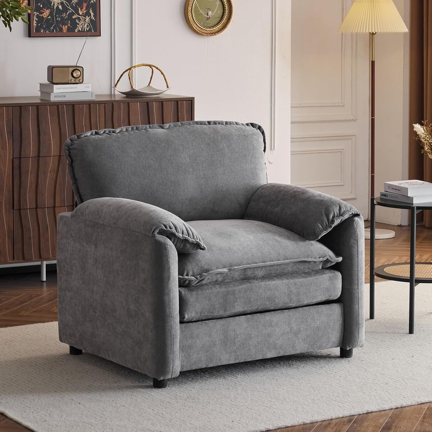 Chenille Oversized Armchair, 38.6" Wide Modern Accent Chairs & Single Sofa Lounge, Upholstered Mid-Century Reading Chair for Living Room Bedroom(Beige)