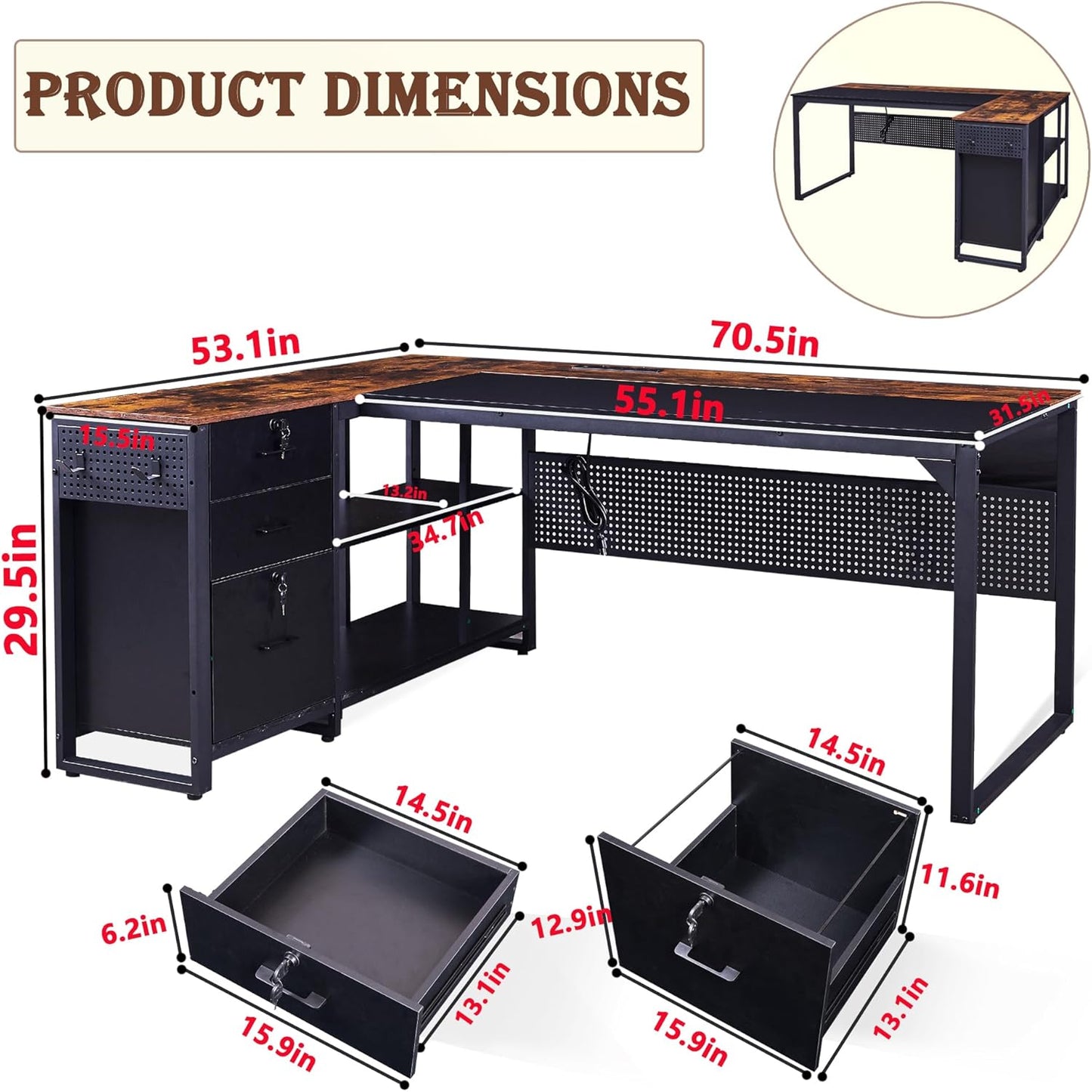 70 Inch Reversible L Shaped Desk with Power Outlet,Lockable Drawers,Adjustable File Cabinet & Storage Shelves,L Shaped Executive Desk with Pegboard,Large Corner Desk for Home Office