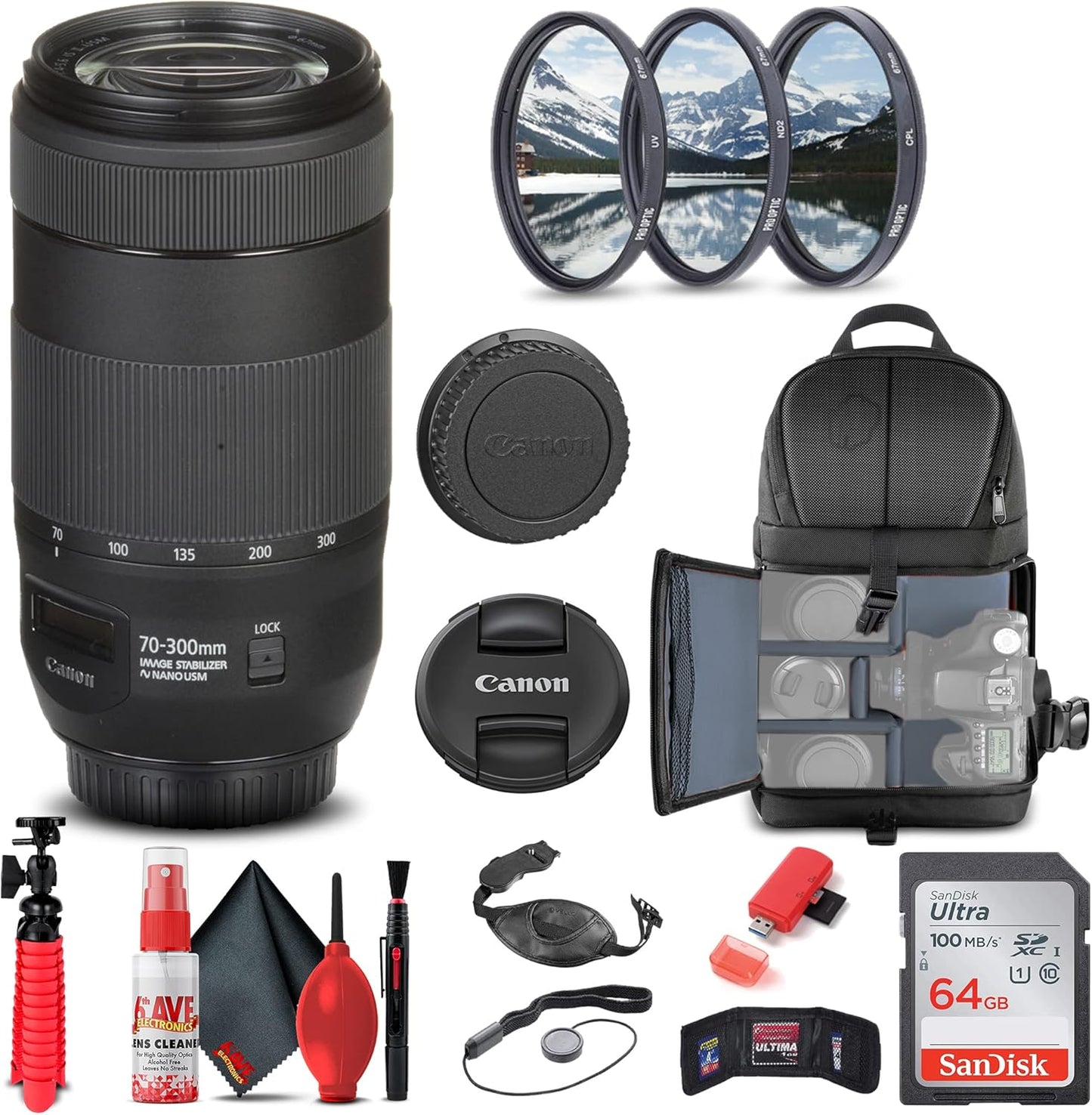 Canon EF 70-300mm f/4-5.6 is II USM Lens (0571C002) + Filter Kit + Backpack + 64GB Card + Card Reader + Flex Tripod + Memory Wallet + Cap Keeper + Cleaning Kit + Hand Strap + More (Renewed)
