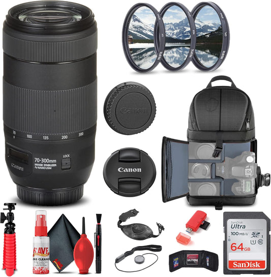 Canon EF 70-300mm f/4-5.6 is II USM Lens (0571C002) + Filter Kit + Backpack + 64GB Card + Card Reader + Flex Tripod + Memory Wallet + Cap Keeper + Cleaning Kit + Hand Strap + More (Renewed)