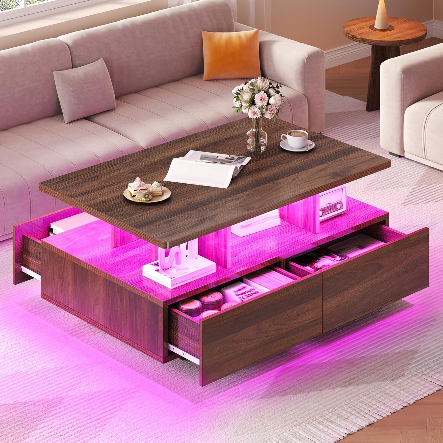 YITAHOME LED Coffee Tables for Living Room, High Glossy Coffee Table with Storage 4 Sliding Drawers, Small Rectangular LED Coffee Table Center Table with Open Display Shelf, Glossy White