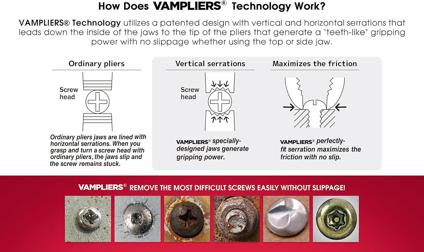VAMPLIERS 4-PC Screw Extractor Pliers Set Made in Japan: 8" Linesman, 7.5" Long Nose, 6.25" Combination, 5" ESD Safe Mini Plier + Tool Pouch. Remove any Stripped/Damaged/Rusted Screws.
