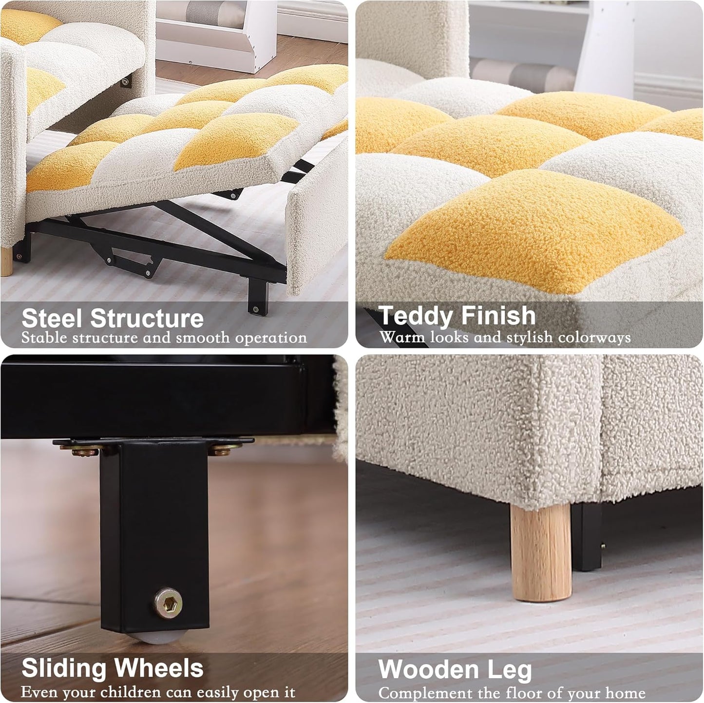 Sleeper Chair Bed Multi-functional Convertible Chair Sleeper Teddy Fabric Adjustable Single Pull Out Sofa Bed with Lumbar for Studio,Dorm, Apartment, Bedroom,Office,Living Room (Beige&Yellow)
