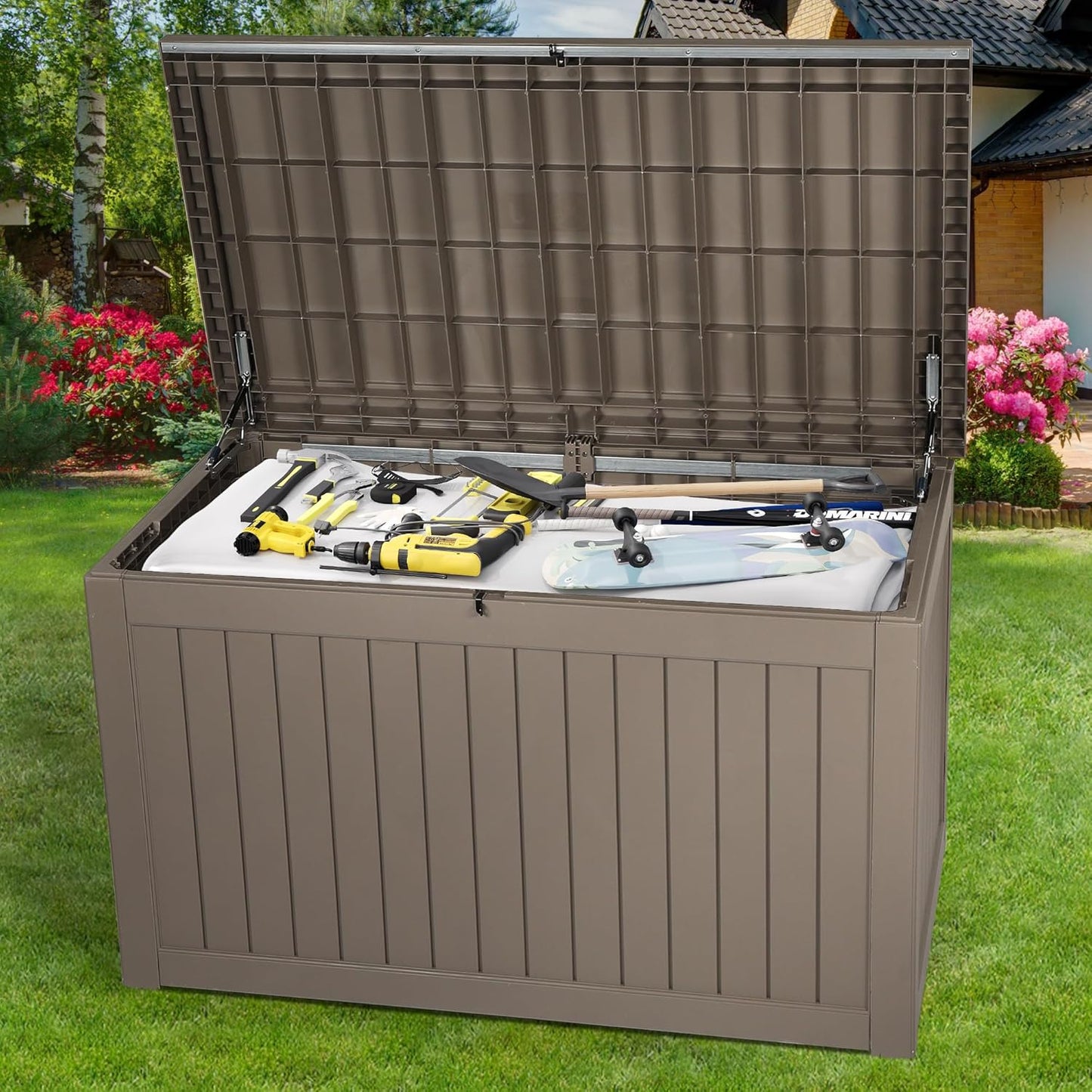 YITAHOME 120 Gallon Large Outdoor Storage Box with X-Shaped Front, Waterproof Resin Deck Box Cushion Storage Bench for Patio, Pool Supplies, Garden Tools - Lockable, Black