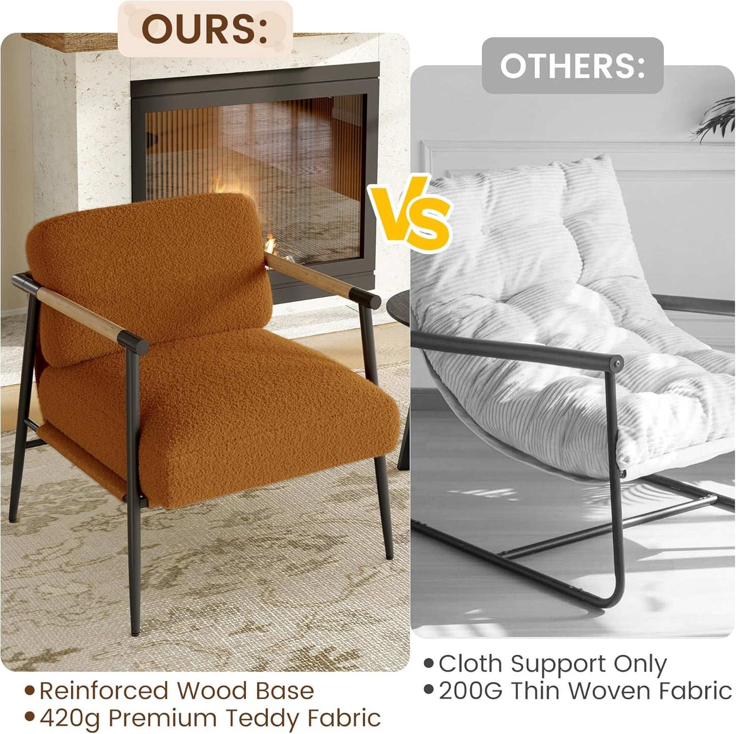 Brown Comfy Chair Set of 2, Modern Accent Chair with Metal Frame Wooden Armrest, Cozy Reading Chair with Soft Cushion for Bedroom, Living Room, Brown Set of 2