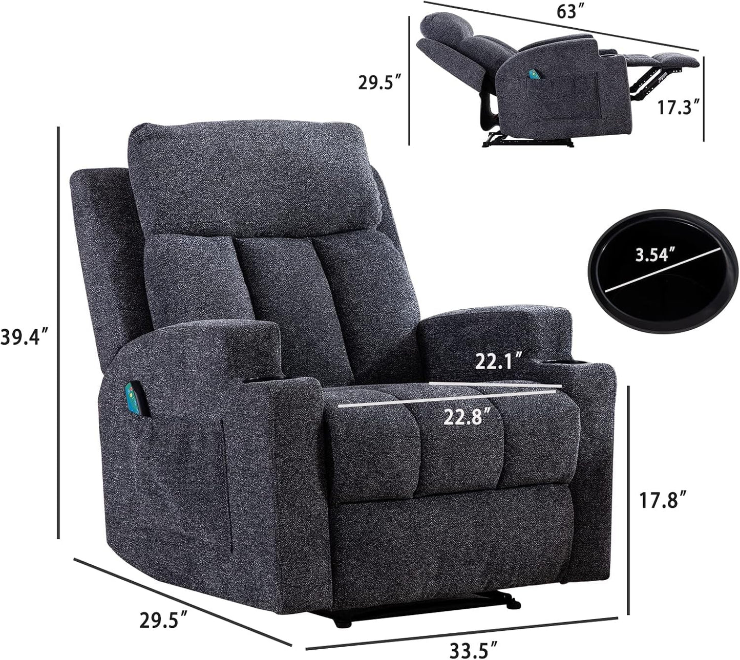 ANJ HOME Manual Massage Recliner Chairs with Heat for Living Room, Overstuffed Breathable Fabric Reclining Chair with Side Pockets and Cup Holders, Single Sofa Home Theater Seating, Dark Grey