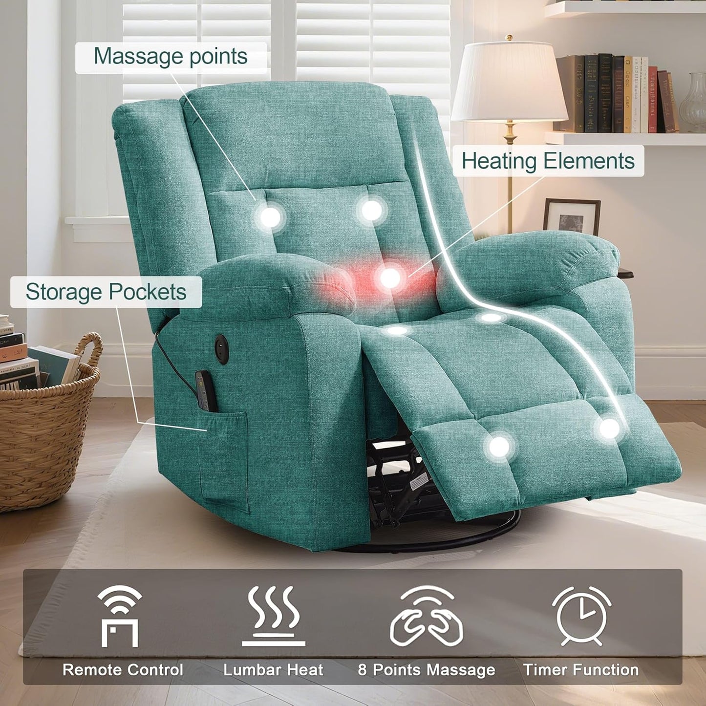 Rocker Recliner, Glider Recliner Chairs for Adults, 360° Swivel Rocking Chair with Massage and Heating, Nursery Chair with Storage and USB Charging for Living Room, Bedroom, Nursery
