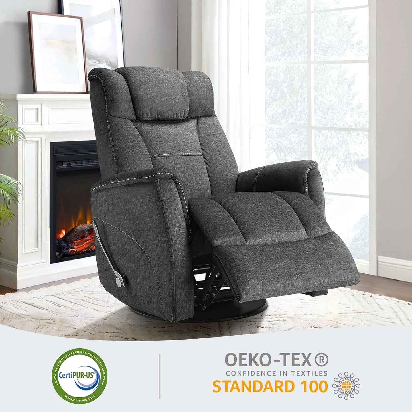 360° Swivel Rocking Recliner, Manual Comfy Nursery Glider Rocker Chair for Indoor Bedroom, Upholstered Soft Fabric Living Room Reclining Chair with Lumbar Support for Adults (Dark Gray)