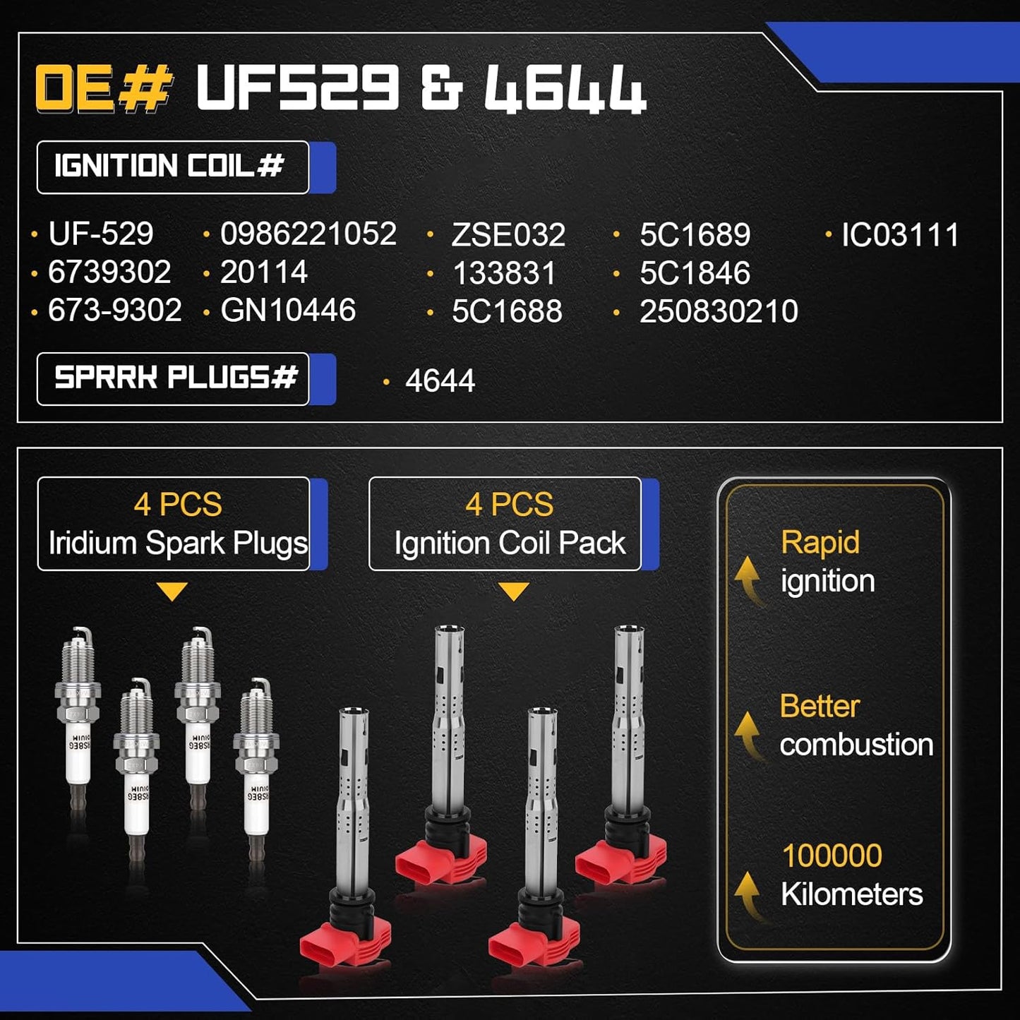 UF529 Ignition Coil & 4644 Double Iridium Spark Plug For Audi A3 A4 allroad Quattro A5 Q5 TT, For VW Beetle CC Eos Golf GTI Jetta Passat Tiguan Replaces# 06E905115 GN10446 C1631