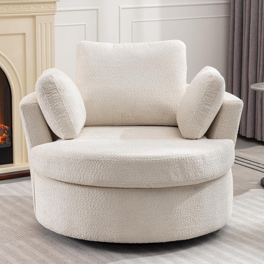 42IN Oversized Swivel Accent Chair and a Half Sofa Upholstered Big Round Barrel Chair Cute for Living Room Bedroom Hotel Office Corner Reading (Beige Boucle)