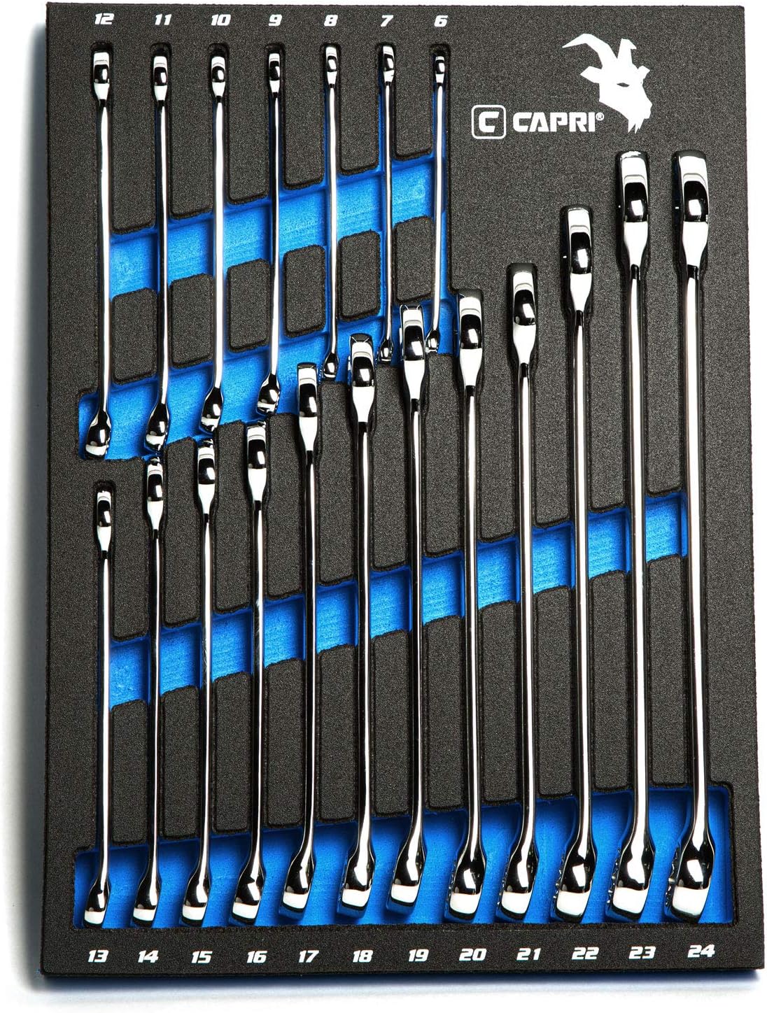 Capri Tools MaxChrome Combination Wrench Set, 6 to 24 mm, 19-Piece with Heavy-Duty Canvas Pouch