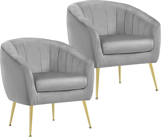 Topeakmart Velvet Accent Chair, Barrel Chair with Golden Metal Legs, Modern Leisure Chair for Living Room Bedroom Office Waiting Room, Set of 2, Gray