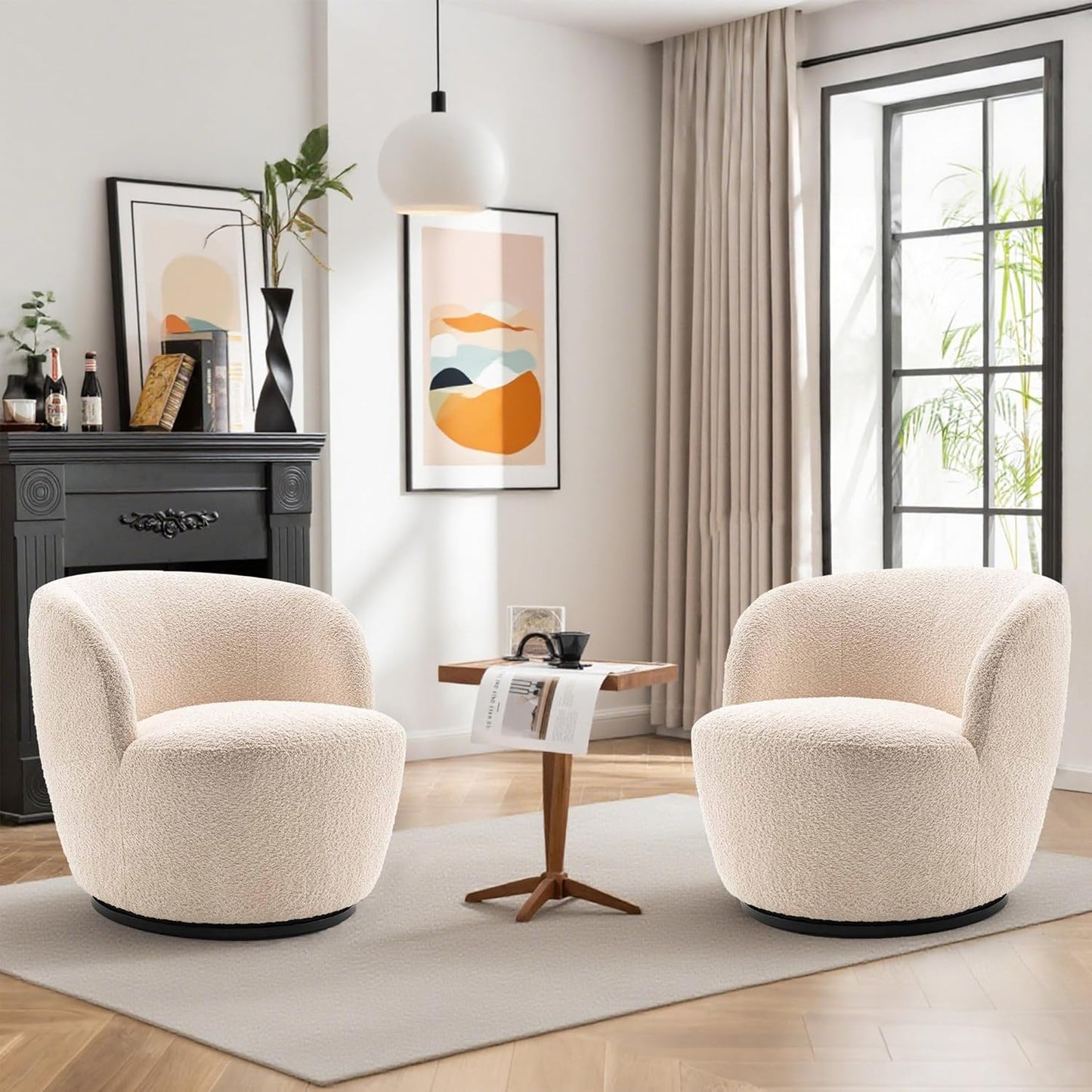 Rowill 30" Wide Swivel Barrel Accent Chair, Modern Upholstered Round Chairs with Curved Back and Soft Cushion, Boucle Fabric Padded Armchair Single Sofa for Living Room, Bedroom, Reading Room, Beige