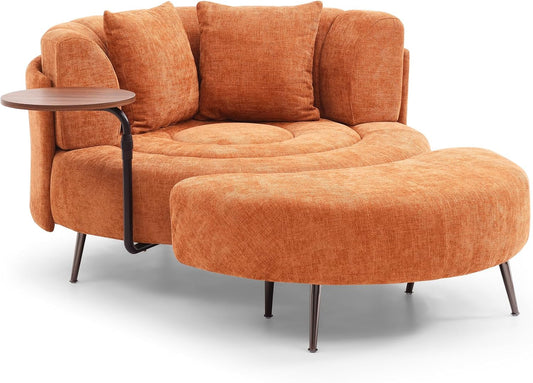 50" Oversize Barrel Chair with Ottoman, Chenille Fabric Extra Large Living Room Lounge Chairs Set w/Small Table and 2 Pillows,Orange