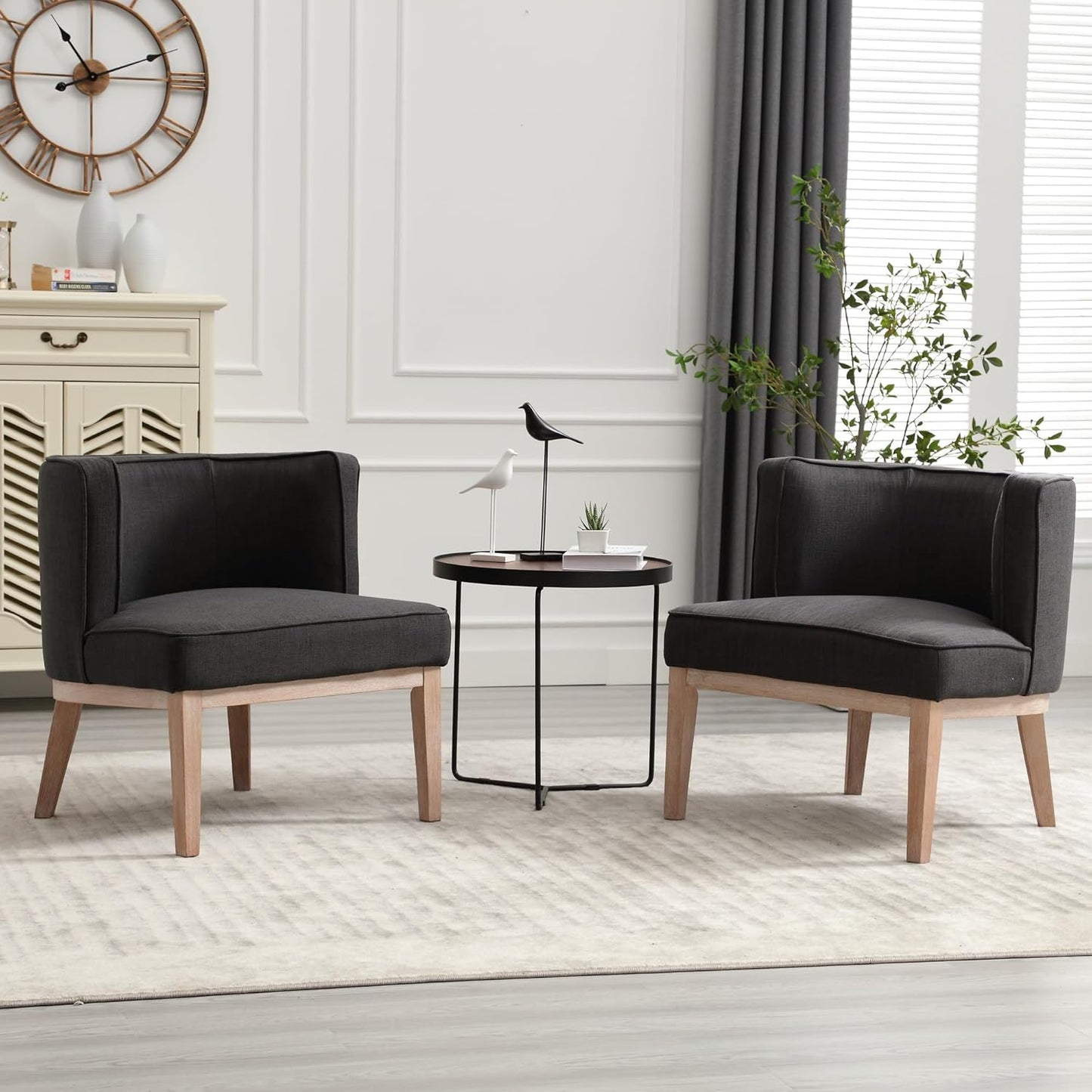 Set of 2 Arm Accent Chair Barrel Accent Chair with Wood Legs, Comfy Barrel Side Chair Linen Upholstered Reading Chairs with Back for Living Room Bedroom, Living Room Chair, Beige