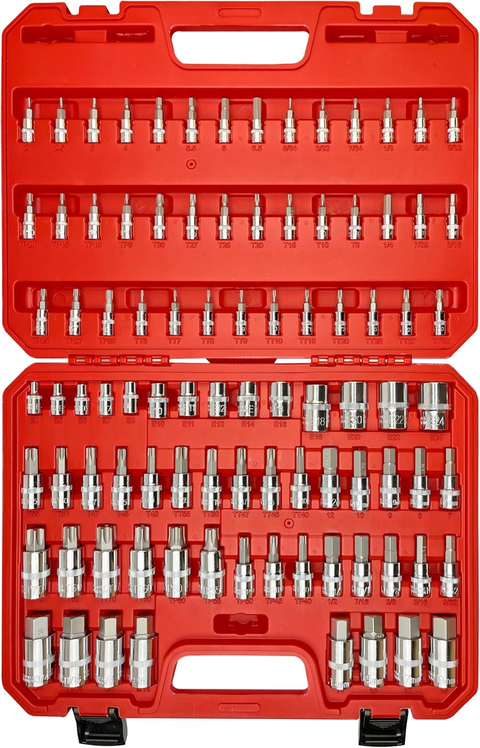 107PCS Bit Socket Set,1/4”,3/8 & 1/2” Drive Bit Socket Set,Torx/Extra Long/Tamper Proof/Hex/Ball End Hex,S2 Alloy Steel & CR-V,SAE&Metric