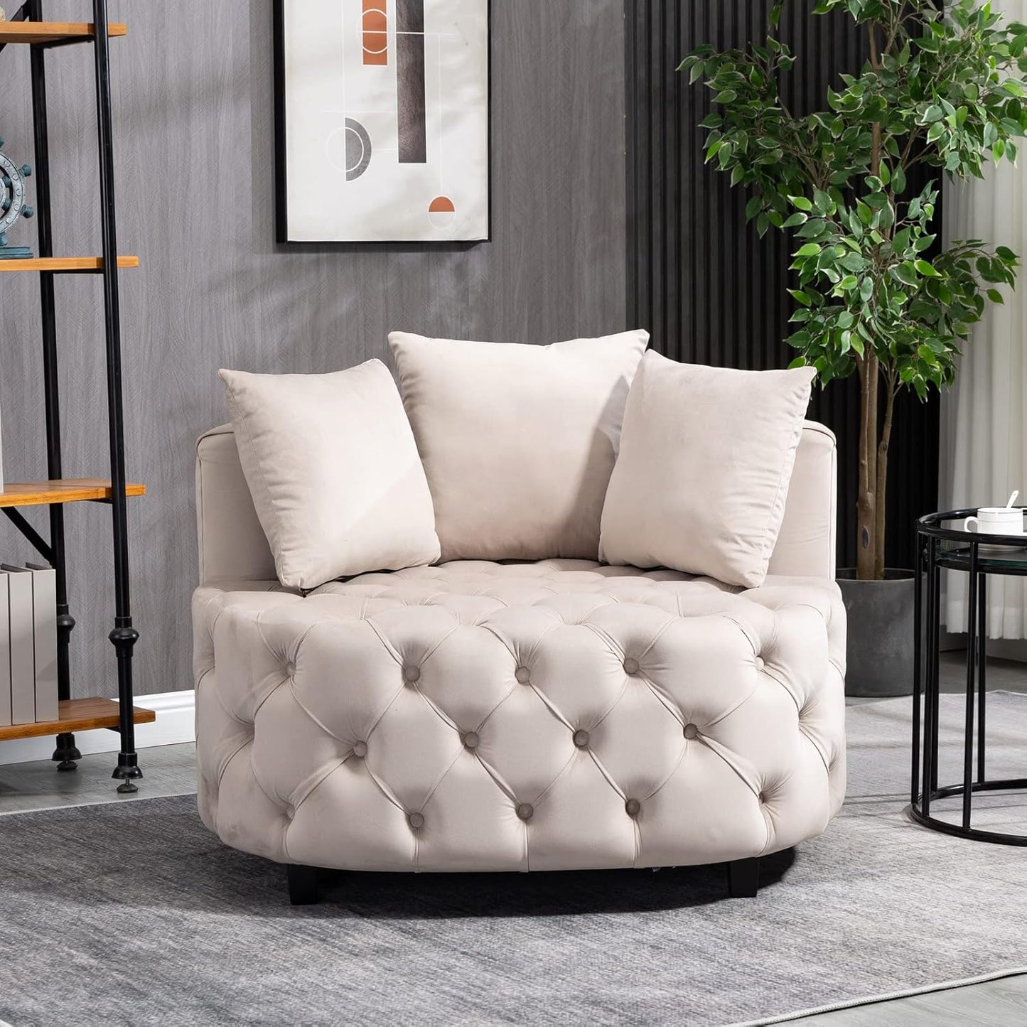 Velvet Accent Chair, Tufted Upholstered Barrel Chair Lounge Chair with 3 Movable Pillows and Solid Wood Legs, Oversized Round Sofa Chair Reading Chair for Living Room Bedroom Hotel Office, Blue