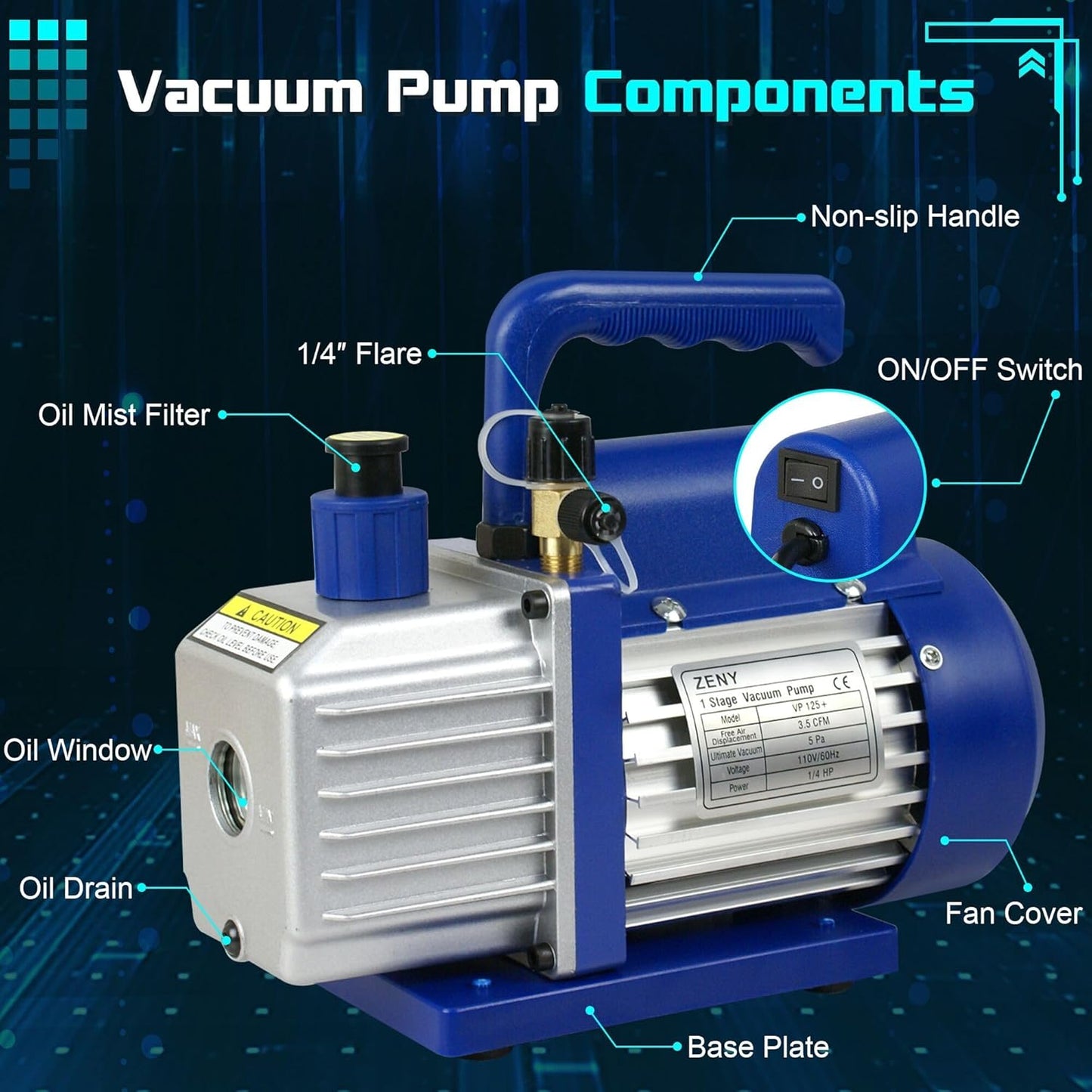ZENY 3.5CFM Single-Stage 5 Pa Rotary Vane Economy Vacuum Pump 3 CFM 1/4HP Air Conditioner Refrigerant HVAC Air Tool R410a 1/4" Flare Inlet Port, Blue