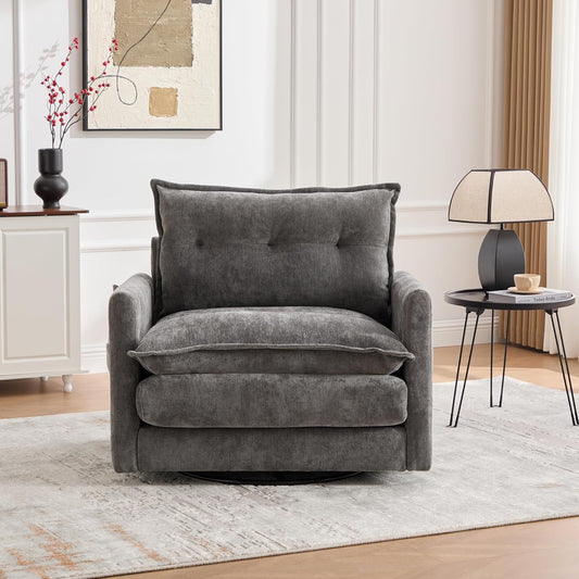 Swivel Accent Chair, 360° Rotating Square Arm Chair, Modern Accent Chair with Solid Metal Base, Chenille Comfy Upholstered Single Sofa for Living Room Bedroom Office (Gray)