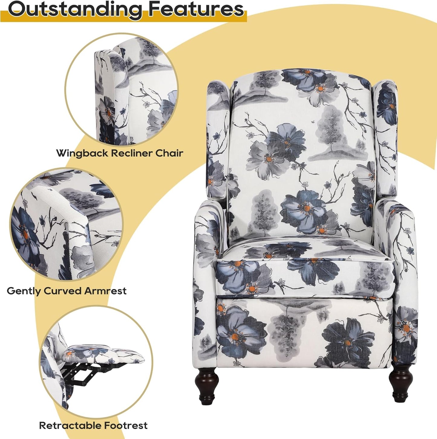 Set of 2 Wingback Recliner Chairs, Mid-Century Modern Push-Back Manual Recliners for Adults, Upholstered Floral Accent Chairs with Solid Wood Legs for Living Room & Bedroom, Blue