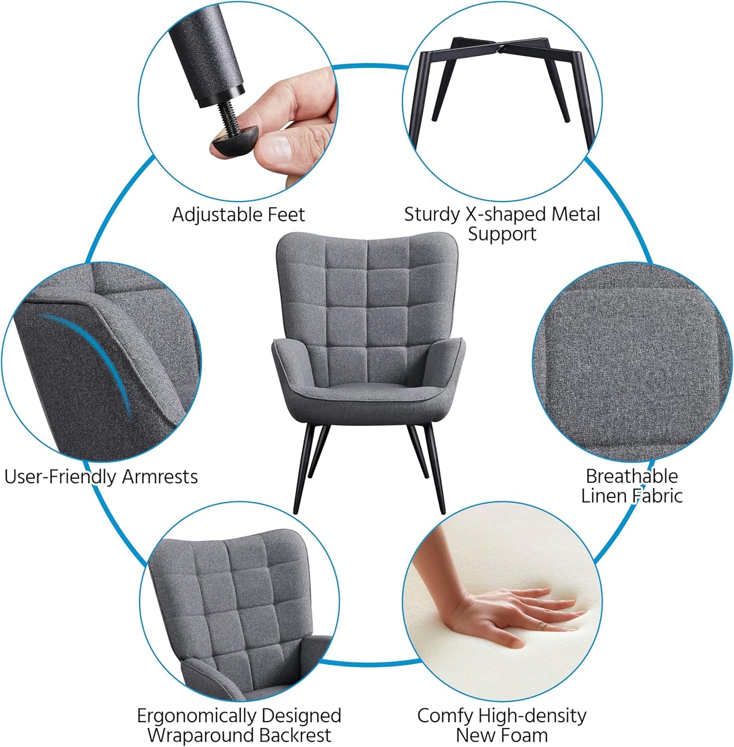 Topeakmart Accent Chair with Ottoman Set, Upholstered Living Room Chair Fabric Arm Chair with Foot Rest Sofa Chair and Ottoman Set for Living Room Bedroom Office, Grey, 2pcs