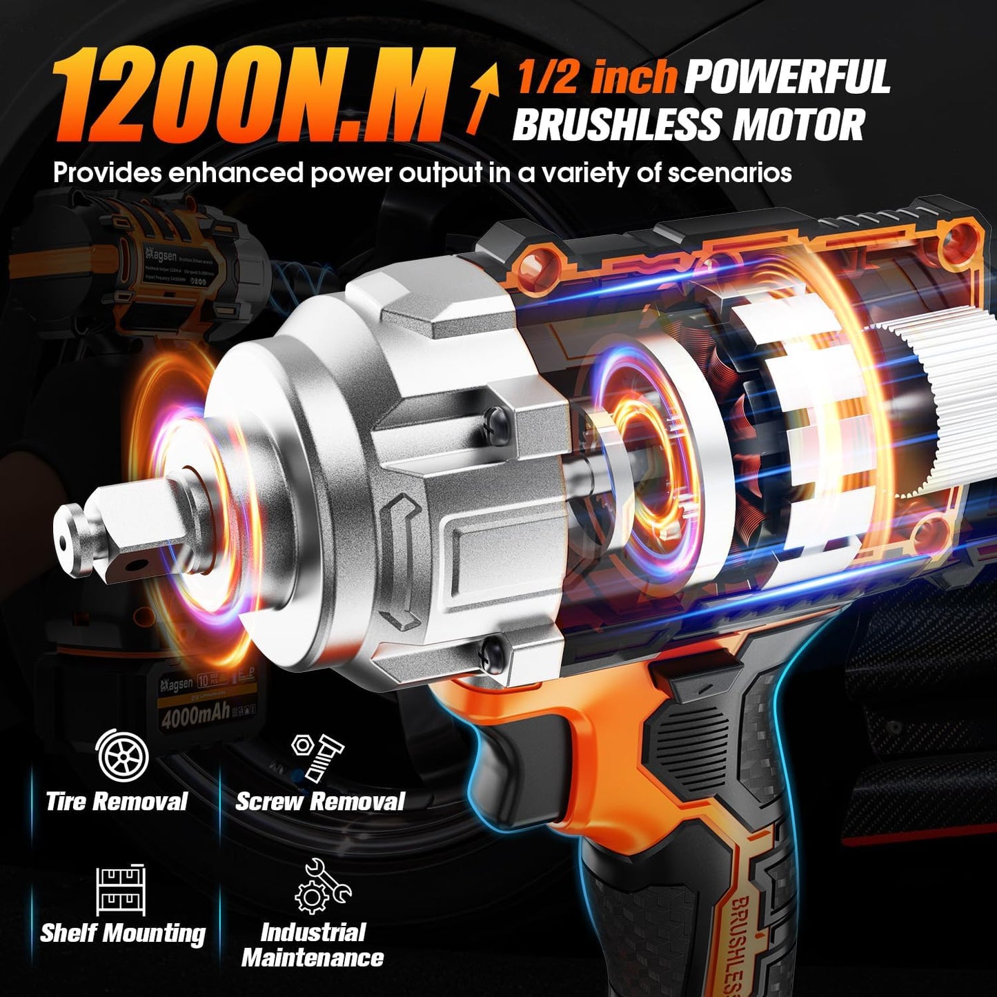 1/2 inch Cordless Impact Wrench, 900Ft-lbs (1200N.m) High Torque Brushless Impact Gun,3800RPM,2x4000mAh Battery, 6 Sockets,LED Light,Electric Impact Motor Variable Speeds for Car/Mower/Pickup