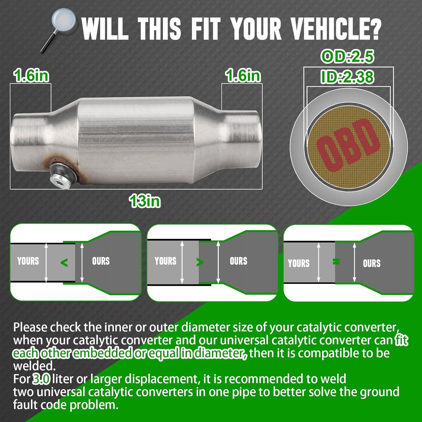 2.5 Inch Inlet/Outlet Universal High Flow Front Catalytic Converter Direct-Fit with O2 Port(EPA Compliant)