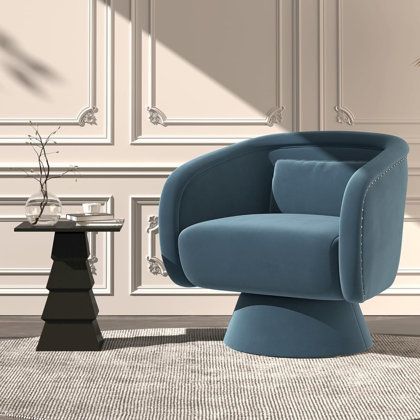 RoyalCraft Swivel Barrel Chair?360 Degree Swivel Accent Chair, Modern Round Chair with Pillow, Comfy Fabric Living Room Chairs for Bedroom, Office, Blue