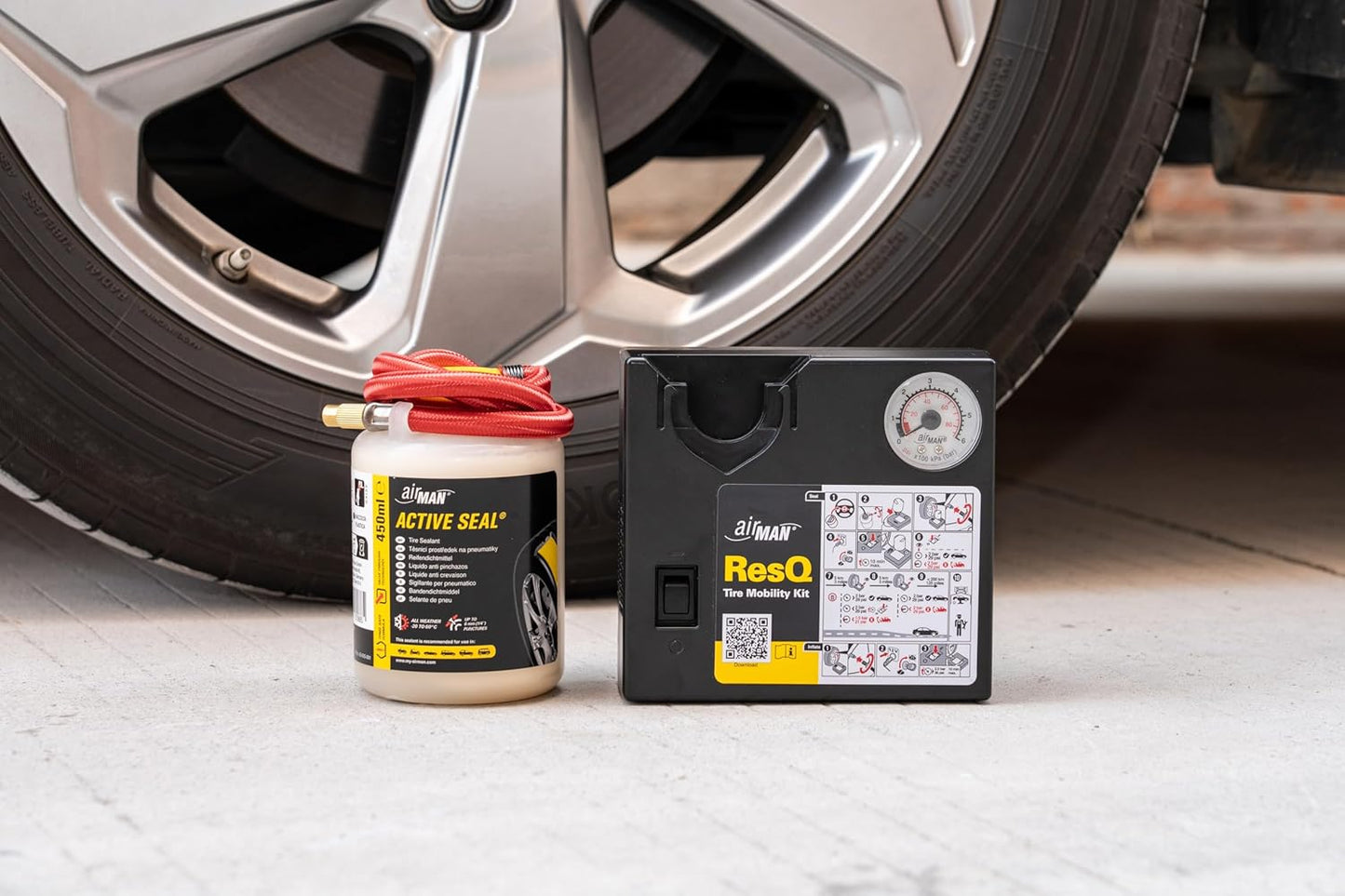AIRMAN Flat Tire Repair Kit - ResQ 12V Compressor Tire Mobility Kit with Water Based Sealant