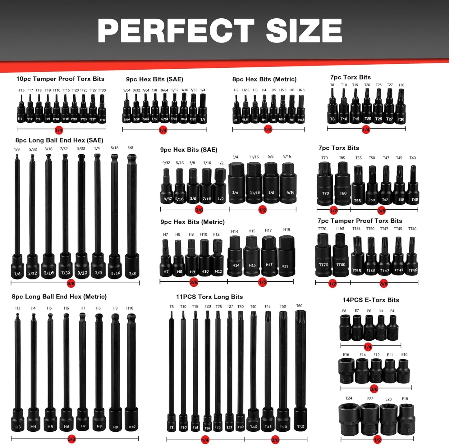107PCS Bit Socket Set,1/4”,3/8 & 1/2” Drive Bit Socket Set,Torx/Extra Long/Tamper Proof/Hex/Ball End Hex,S2 Alloy Steel & CR-V,SAE&Metric