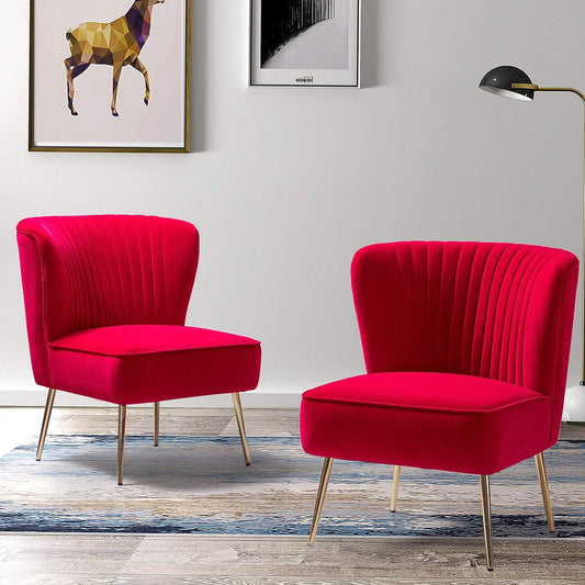 TINA'S HOME Velvet Accent Chair Set of 2 with Metal Golden Legs, Upholstered Armless Slipper Chair with Wingback, Mid Century Side Chair for Living Room Bedroom Makeup Vanity- Red
