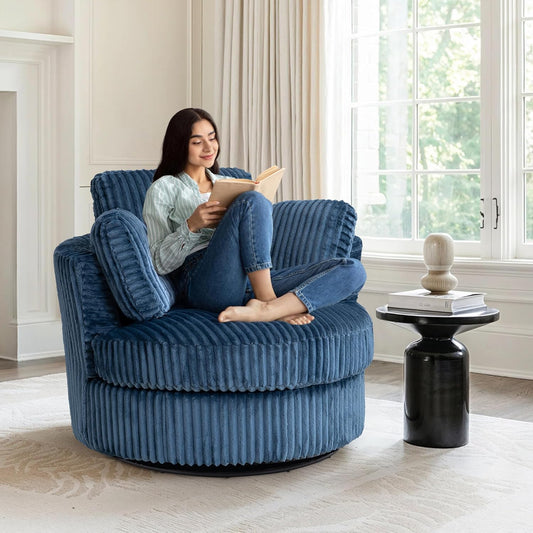 360-Degree Swivel Accent Chair Plush Corduroy & Foam-Filled Chaise Lounge Chair for Indoor Living Room & Bedroom, 40" Oversized Modern Design Round Barrel Chair, Comfortable Seating, Blue