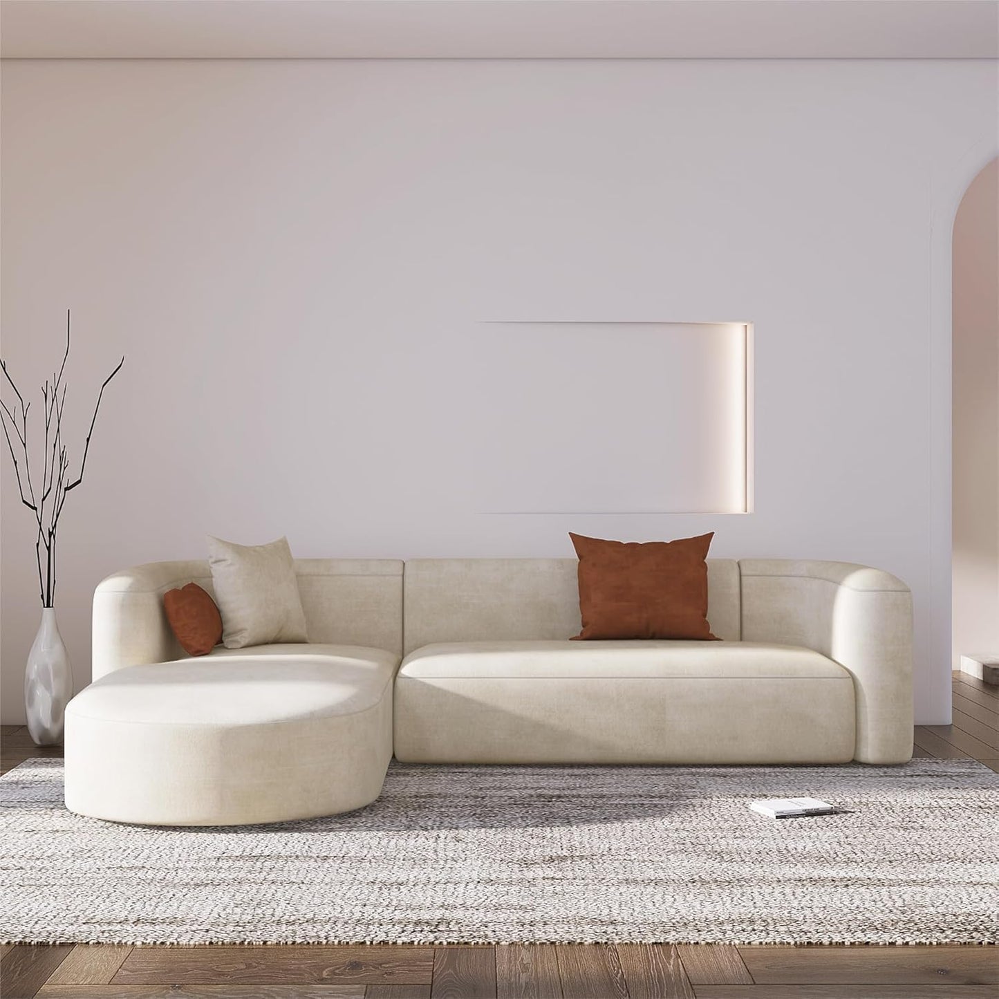 Acanva Luxury Modern Tight Curved Back Velvet Sofa, Minimalist Style Comfy Couch for Living Room Apartment, 3 Seater, Cream