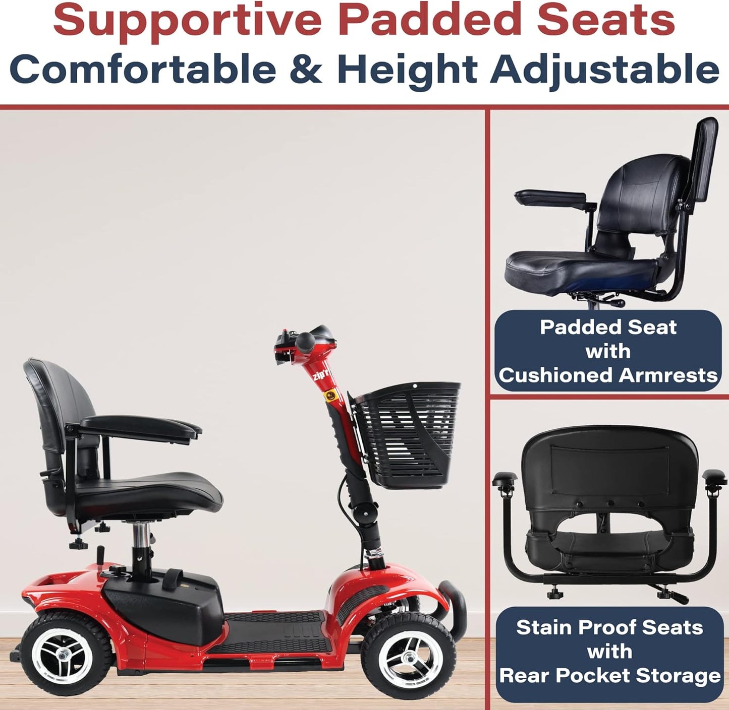 Zipr Roo 4 Wheel Mobility Scooter - Electric Powered Wheelchair Medical Aid - Compact Heavy Duty Mobile for Travel, Seniors, Adults, Handicapped - Long Range Battery with Charger Basket Included