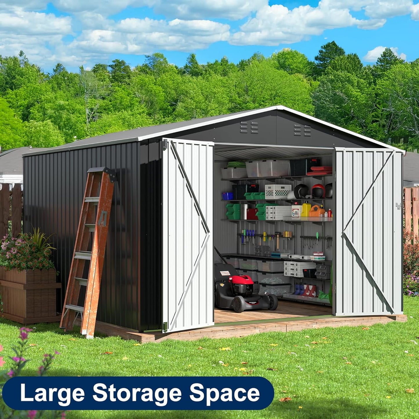 10x10 FT Outdoor Storage Shed, Garden Shed with Updated Frame Structure and Lockable Doors, Metal Tool Sheds for Backyard Garden Patio Lawn, Grey
