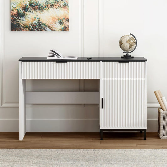 47" Home Office Desk with Fluted Drawers, Wood Exectuive Desk with Storage Cabinet, Charging Station, Metal Legs Modern Farmhouse Computer Desk for Work, Study White