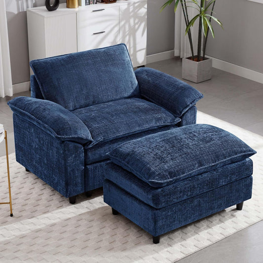 51.9" Blue Oversized Cloud Accent Chair with Ottoman, Modern Chaise Lounge Indoor, Comfy Chenille Single Sofa Couch Chair for Living Room Apartment Office