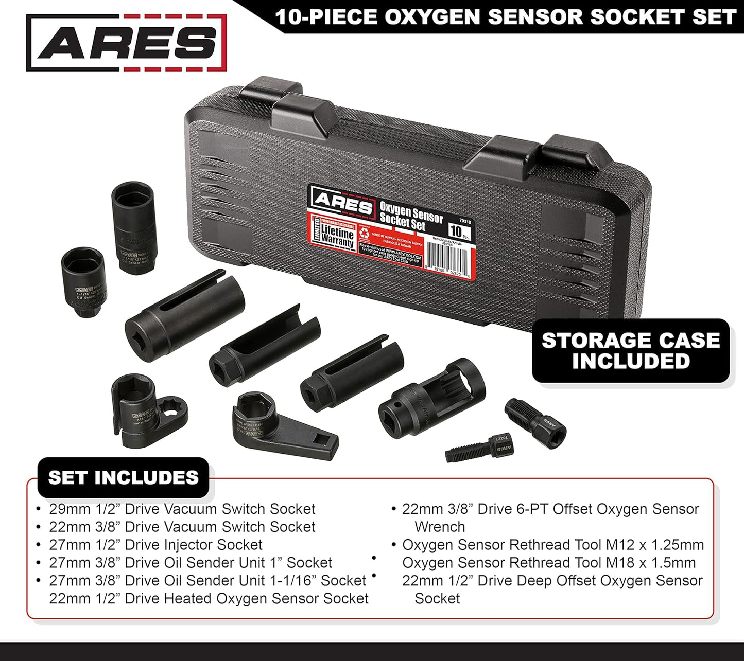 ARES 70318 10-Piece Oxygen Sensor Kit - Thread Chasers, Sockets for Oxygen Sensors, Injectors, & Oil Sending Units - Chrome Vanadium Steel