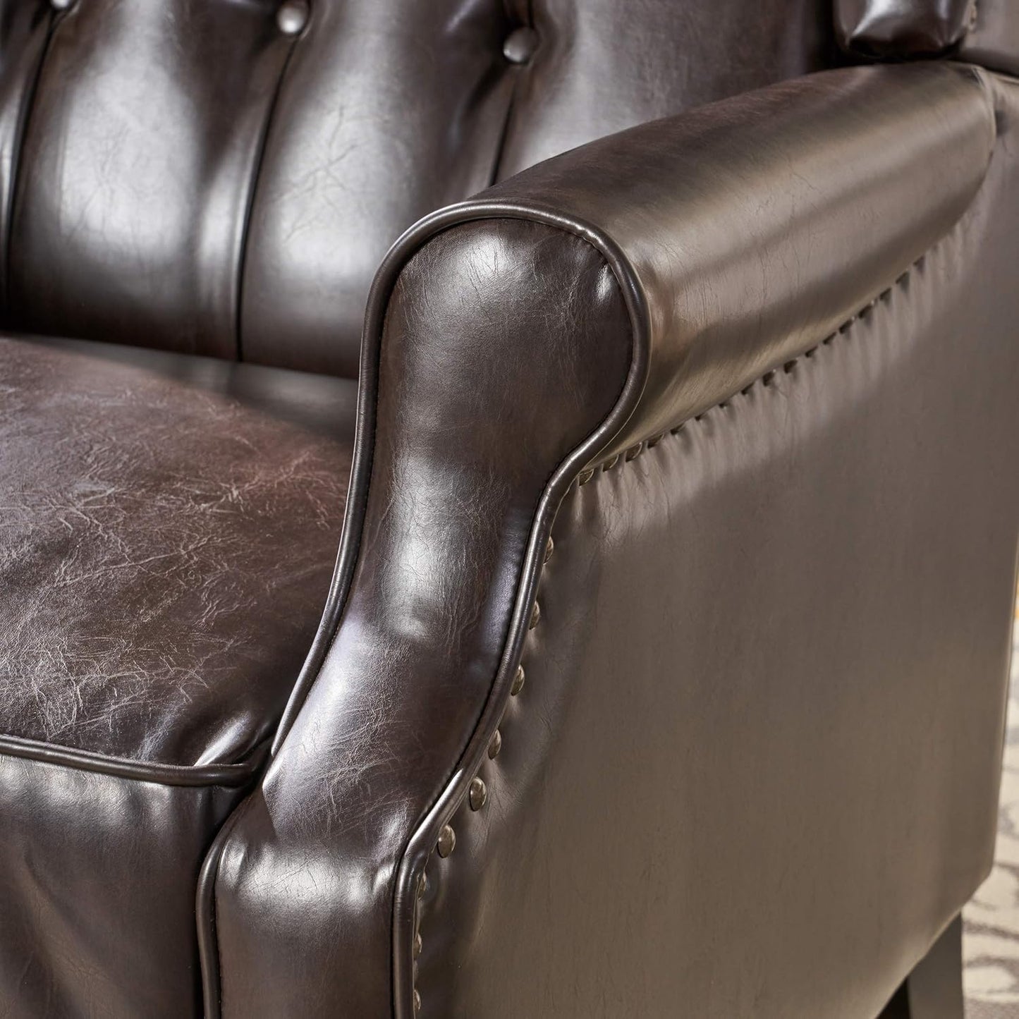 Christopher Knight Home GDFStudio Elizabeth Tufted Bonded Leather Recliner, Vintage Reclining Reading Armchair, 28.5D x 34.5W x 41H in, Brown